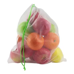 OEM/ODM custom lightweight grocery net shopping pouch reusable fruit mesh drawstring bag polyester