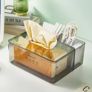 选择趣味办公桌收纳盒透明餐巾架化妆盒带隔层塑料纸巾盒