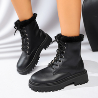 Bottines d'hiver pour femmes avec col en fourrure, lacets, plateforme épaisse, semelle à crampons, bout rond, en cuir PU, bottes de neige noires et beiges