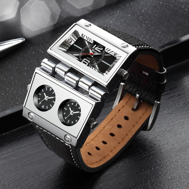 Oulm 9525 Large Dial Trendy and Fashionable Watches Multi Time Zone Rectangular Quartz Men's Watch