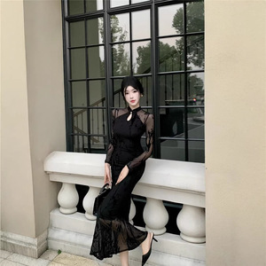 Elegant Fitted Bodycon Fishtail Maxi Dress High Neck Sheer Layer Chinoiserie Party Stage Evening Dress Natural Waistline - Product Image 5