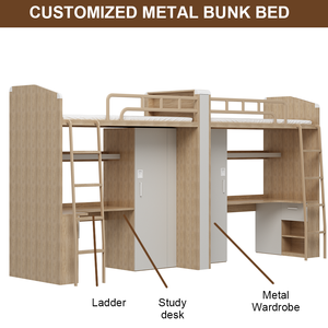 Lit superposé moderne en métal et bois grainé 2026 avec bureau, échelle, rangement et armoire pour la maison, l'école, les jeunes et les hôtels - Product Image 2