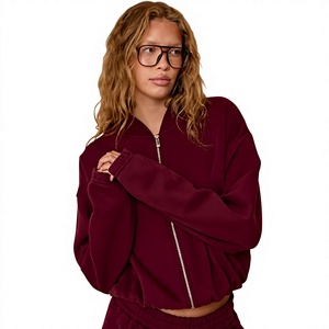 Custom Womens Burgundy Tracksuit Full Zip Jacket Jogger <b>Set</b> Cotton <b>Velvet</b> Short Casual Activewear <b>Loungewear</b> Matching Outfit <b>Set</b> - Product Image 1