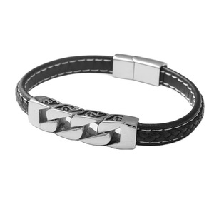 yunnique Chain <b>Leather</b> <b>Bracelet</b> Black Bangle Fashion Motorcycle Chain Jewelry Titanium Steel Geometric Design - Product Image 1