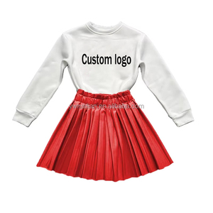 Automne nouveaux produits 2023 enfants jupe en cuir ensemble filles à manches longues pull jupe plissée PU <span class=keywords><strong>Mini</strong></span> jupe en cuir ensemble vêtements - Product Image 1
