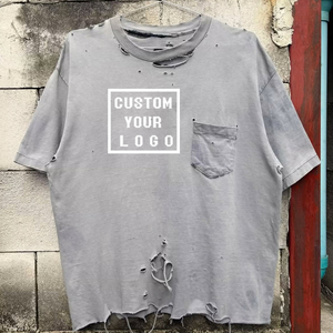 T-Shirt Unisex con Logo Personalizzato, Stile Vintage Lavato, Grigio Strappato, 100% Cotone, Streetwear - Product Image 1