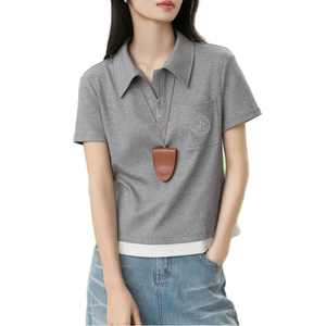 Women's Gray Short Sleeve Polo T-Shirt With Pocket Slim Fit Casual Spring Summer Cotton Knitted <b>Top</b> - Product Image 1
