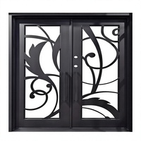 Porte d'entrée double en fer forgé LINCAI, motif feuillage artistique de luxe |   Porte d'entrée de villa moderne forgée à la main, grande, avec isolation thermique