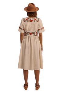 <strong>Retro</strong> Elegant Women Short Sleeve V Neck Button up 100% Cotton Embroidered Vintage <strong>Dresses</strong> - Product Image 6