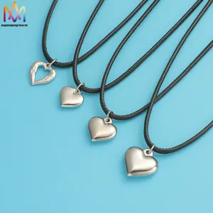 Men Women Minimalist Fashion Couple Jewelry Wax Cord Necklace Heart Pendant Black Rope Leather Cord Necklace