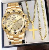 Montre Homme Décontractée en Acier à Succès, Mode en Alliage, Cadran Quartz 44 mm, Nouveau Set Collier Quartz à Trois Yeux
