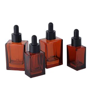 Flacon <span class=keywords><strong>en</strong></span> verre ambré à fond épais pour sérum ou huile de soin de la peau, rechargeable, carré, 15 ml, 30 ml, 50 ml, avec <span class=keywords><strong>pipette</strong></span> - Product Image 1