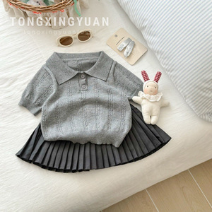 Tongxingyuan Girls' Knitted Polo Shirt And Pleated Skirt Set Grey Cotton Summer Outfit For Children - Product Image 1