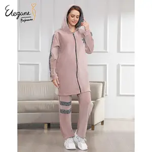 Toptan özel kış özelleştirilmiş tasarımcı pembe leopar kadın uzun pazen pijama kadınlar için Set