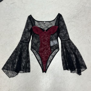 Combinaison sexy pour femme à col carré, manches longues, dentelle, doublure en maille floquée bordeaux, patchwork sur la poitrine, lingerie tendance - Product Image 6