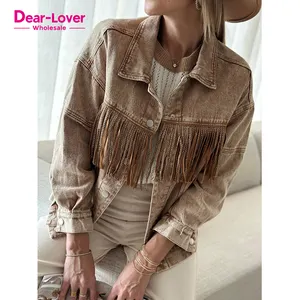 Dear-Lover Western Tendance Brun Strass Frangé Cowgirl Mode Femmes Denim veste