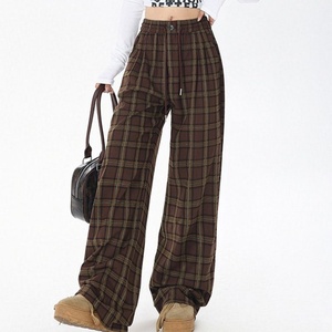 Pantalon large pour femme d'automne, pantalon décontracté à jambes droites, taille haute, à carreaux, mode, loisirs, treillis pour femme - Product Image 5