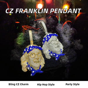 Collier Pendentif Visage Franklin en Laiton avec Zircon Micro-Incrusté et Émail Bleu, Chaîne à Maillons, Bijoux Hip Hop pour Hommes – Le Meilleur Bling CZ - Product Image 2