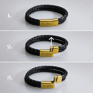Bracelet en cuir véritable à Double couche pour hommes, en cuir véritable, gravé et personnalisé, plaqué or, noir - Product Image 5