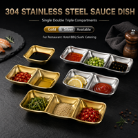 Piring Saus Kompartemen Ramah Lingkungan dari Baja Tahan Karat 304, Nampan Bumbu Persegi, Piring Celup BBQ Korea, Peralatan Makan Restoran