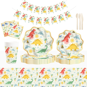 DAMAI Animal Kids Happy Birthday Party Supplies Dinosaur Pattern Petal Shape <b>Disposable</b> <b>Tableware</b> Paper Napkins Cups Plates - Product Image 4