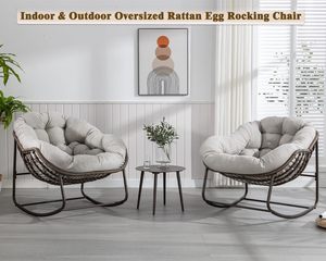 Ensemble de chaises longues <span class=keywords><strong>Lin</strong></span>-Utrend modernes et minimalistes pour l'intérieur et l'extérieur - Fauteuil à bascule surdimensionné avec design Papasan rembourré - Product Image 2