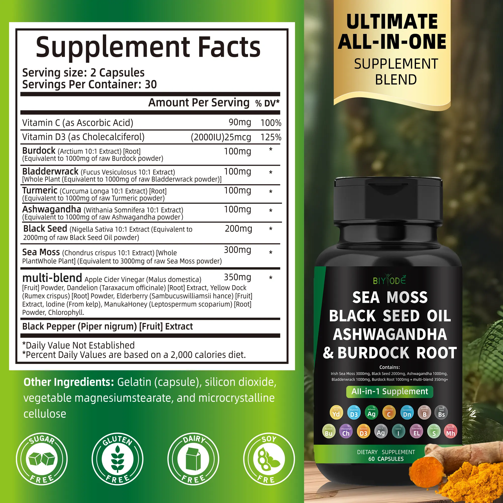 BlYODE Shilajit capsules for energy Sea moss capsules Ashwagandha Burdock root Supplement for immune support healthy weight