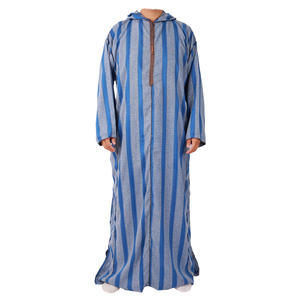 <b>Men's</b> Blue Striped Cotton <b>Thobe</b> Hooded Long Sleeve Floor Length Casual Middle East Traditional Clothing Breathable Daily Wear - Product Image 1