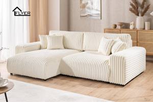 Wandelbares Ecksofa Flyer aus Plüschcord in Hellbeige mit Schönem Sitzkomfort, Schlaffunktion und Bettkasten - Product Image 2