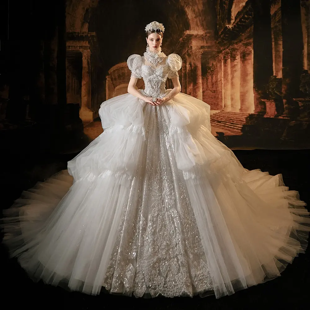Jancember LSMX002 Princesa Puff Sleeve Classic Ball Gown Vestidos de novia para mujer