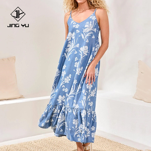 High-quality design, <b>loose</b>-<b>fitting</b> Hawaiian print ruffled denim flowy long <b>dress</b> custom rayon denim summer <b>dress</b> - Product Image 1