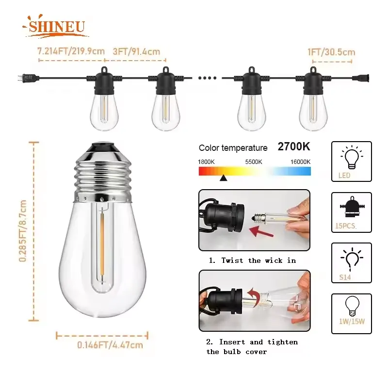 S14 lampu setrip surya dekorasi pintu depan, lampu hias Led luar ruangan tahan air dekorasi kafe teras taman liburan tenaga surya