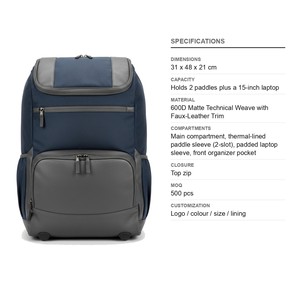 Pickleball Technical <b>Backpack</b> with Top-Flap Trim Panel Holds 2 Paddles 600D Matte Custom Logo Wholesale - Product Image 6