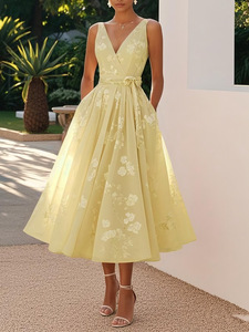 Robe de Soirée Derby pour Femme, Motif Floral, Longueur Midi, pour Invitée de Mariage, Printemps, Cocktail, Sans Manches, Coupe Trapèze avec Poches 2026 - Product Image 3