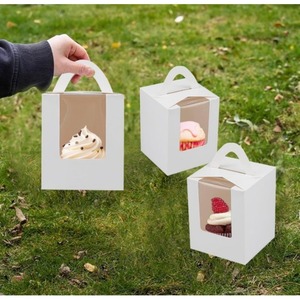 Portable Handle Single <b>Cupcake</b> <b>Box</b> Clear Window Food Grade White Kraft Paper Muffin Cake Packaging <b>Box</b> Custom Logo - Product Image 6