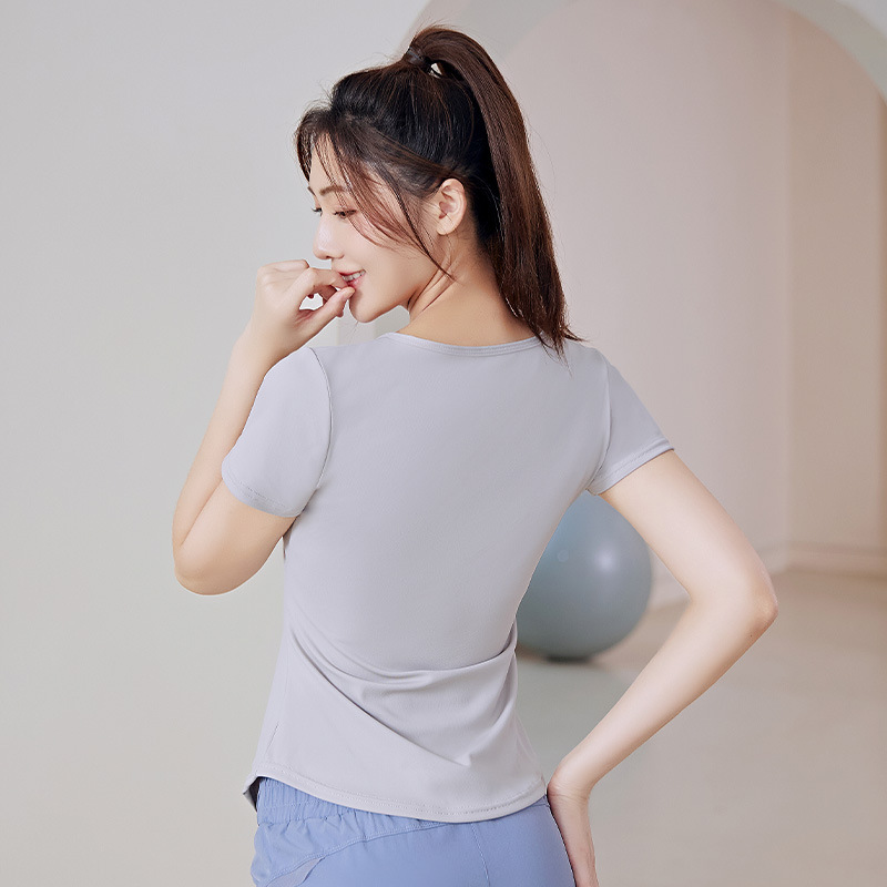 Women Yoga Top Short Sleeve V Neck Waist Pleated Soft Fabric Yoga Gym Training Sports Shirt