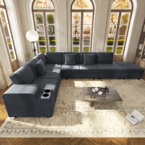 Modern L-Shaped Sectional <b>Sofa</b> Set Removable Ottoman Convertible Sleeper Hidden Armrest <b>Storage</b> USB Charging Cup Holders - Product Image 1