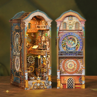 Tonecheer Grosir Puzzle Kayu 3D Jam Astronomi Praha Sensor LED Dua Sisi DIY Mainan Kayu Miniatur Rumah Boneka Penyangga Buku