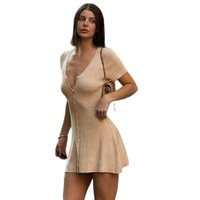 Vestido Corto de Punto Informal para Mujer, Color Sólido, Estilo Cárdigan con Botones al Frente, Cuello en V, Talla Grande, Novedad de Verano