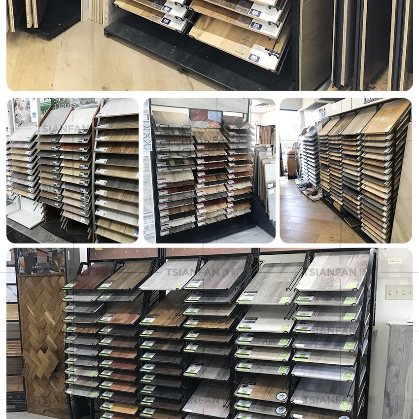 New Design Large Steel Solid Wood Flooring Showroom Oak Parquet Floor Display Rack Wooden Laminate Flooring Stand Tile Sale