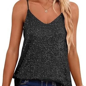 Women's <b>Sequined</b> Deep V Neck Sleeveless Loose Knitted Camisole <b>Top</b> Casual Style Gold - Product Image 3