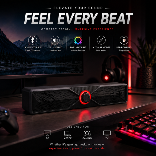2026 New Private Mold Surround Computer Soundbar 4 Colors LED Light 2.0 AUX+USB Powered Stereo Bass Boost Large Volume Speaker
