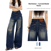 Celana Jeans Denim Wanita Model High-waisted Wide-leg Warna Biru Tua Efek Water-washed Distressed, Potongan Longgar, Koleksi Awal Musim Gugur 2026 (Foto Asli)