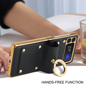 Dropshipping MARCO DE PC de galvanoplastia dorada y funda de soporte de anillo de cuero PU para <span class=keywords><strong>Samsung</strong></span> para <span class=keywords><strong>Galaxy</strong></span> <span class=keywords><strong>Z</strong></span> <span class=keywords><strong>Flip</strong></span> <span class=keywords><strong>4</strong></span> 3 teléfono móvil - Product Image 3