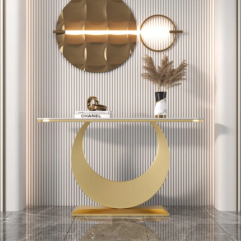 Maxky Eenvoudige Moderne Lichte Luxe Leistenen Veranda Tafel Nordic Entry Tafel Woonkamer Creatieve Semi-Ronde Einde Gouden Console Tafel