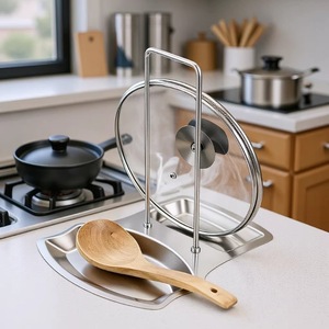 Stainless Steel Pot Lid <b>Rack</b> Multi Functional <b>Kitchen</b> Storage Organizer For Countertop With Ladle And Spatula Holder - Product Image 1