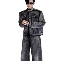 Blouson Bomber Unisexe Rétro Américain Vintage Noir Décontracté en Jean Coupe-Vent Long XL Printemps Automne avec Fermeture Éclair en Cuir de Vachette