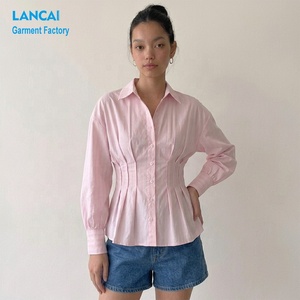 Camisa Personalizable de Fábrica, Blusa Casual de Oficina para Mujer, Clásica, Rosa, con Rayas Finas, Cintura Ajustada, Plisada, Manga Larga, con Botones - Product Image 1