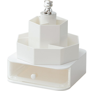 Plastic <b>Rotating</b> Pen Holder Square Shape With Transparent Drawer For <b>Desk</b> Storage - Product Image 1