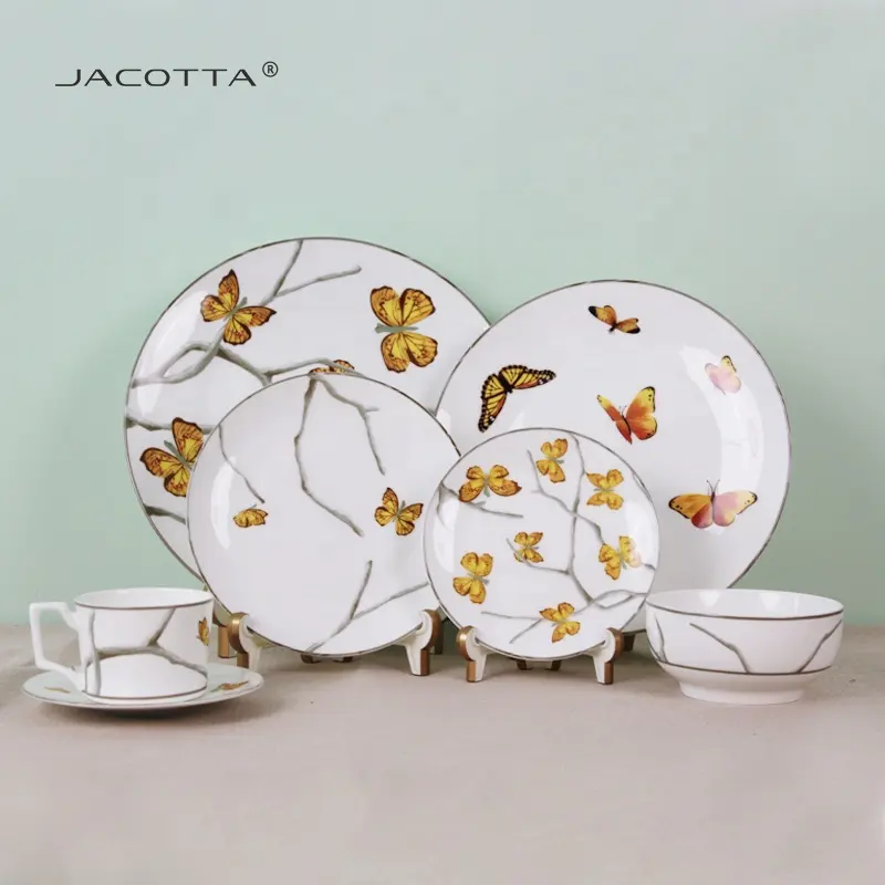 Passen Sie hochwertige Keramik platte Hochzeit Hotel feine Knochen Chian Schmetterling Geschirr-Sets